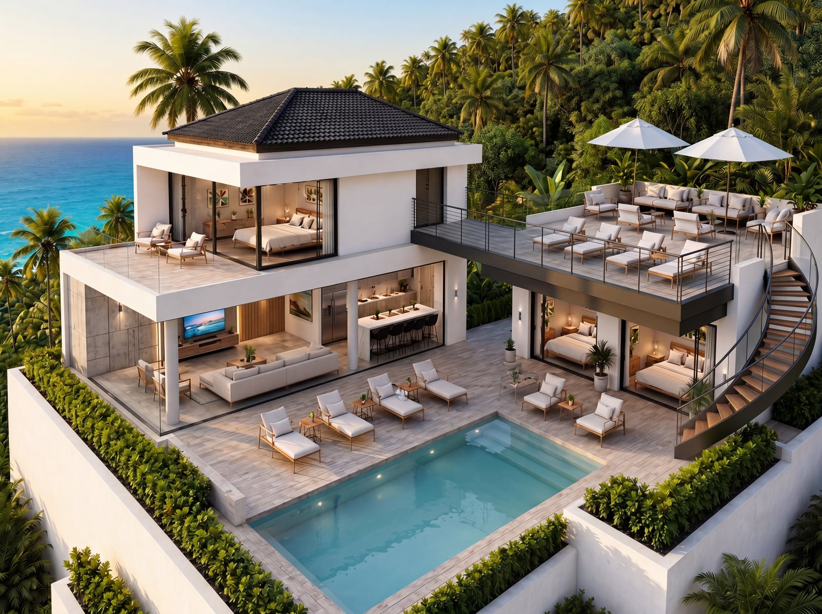 Aerial — 32 sqm infinity pool and rooftop terrace overlooking the bay