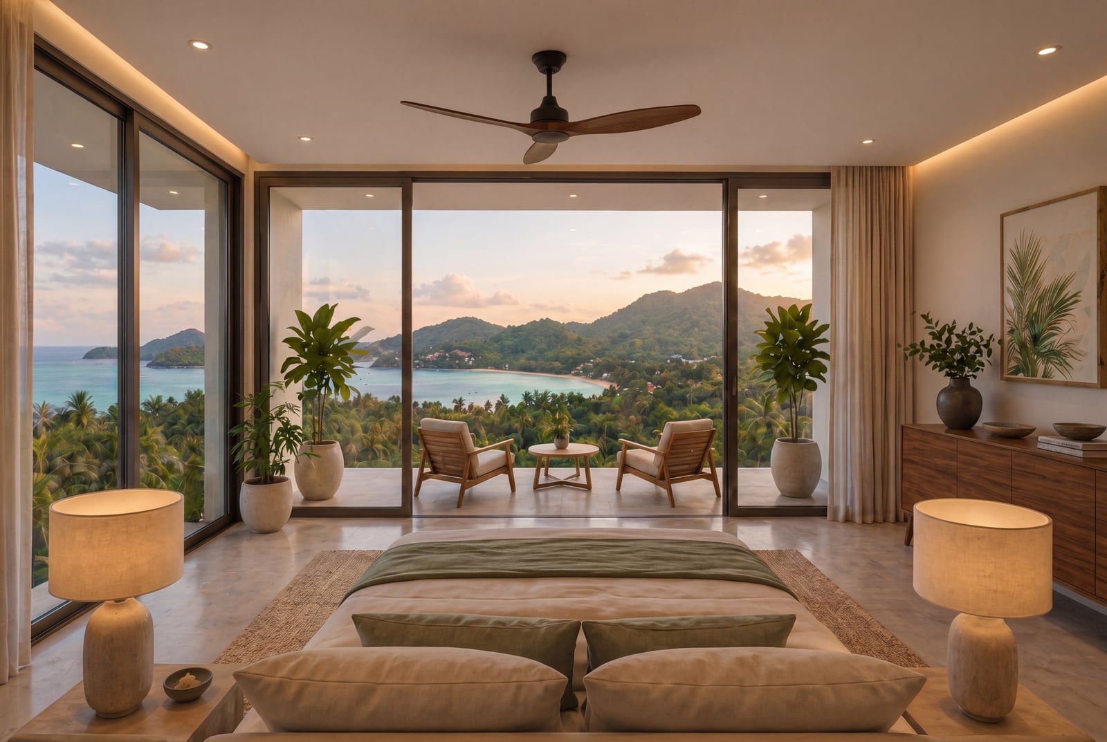 Bay-view living area — floor-to-ceiling glass framing the Andaman Sea at sunset