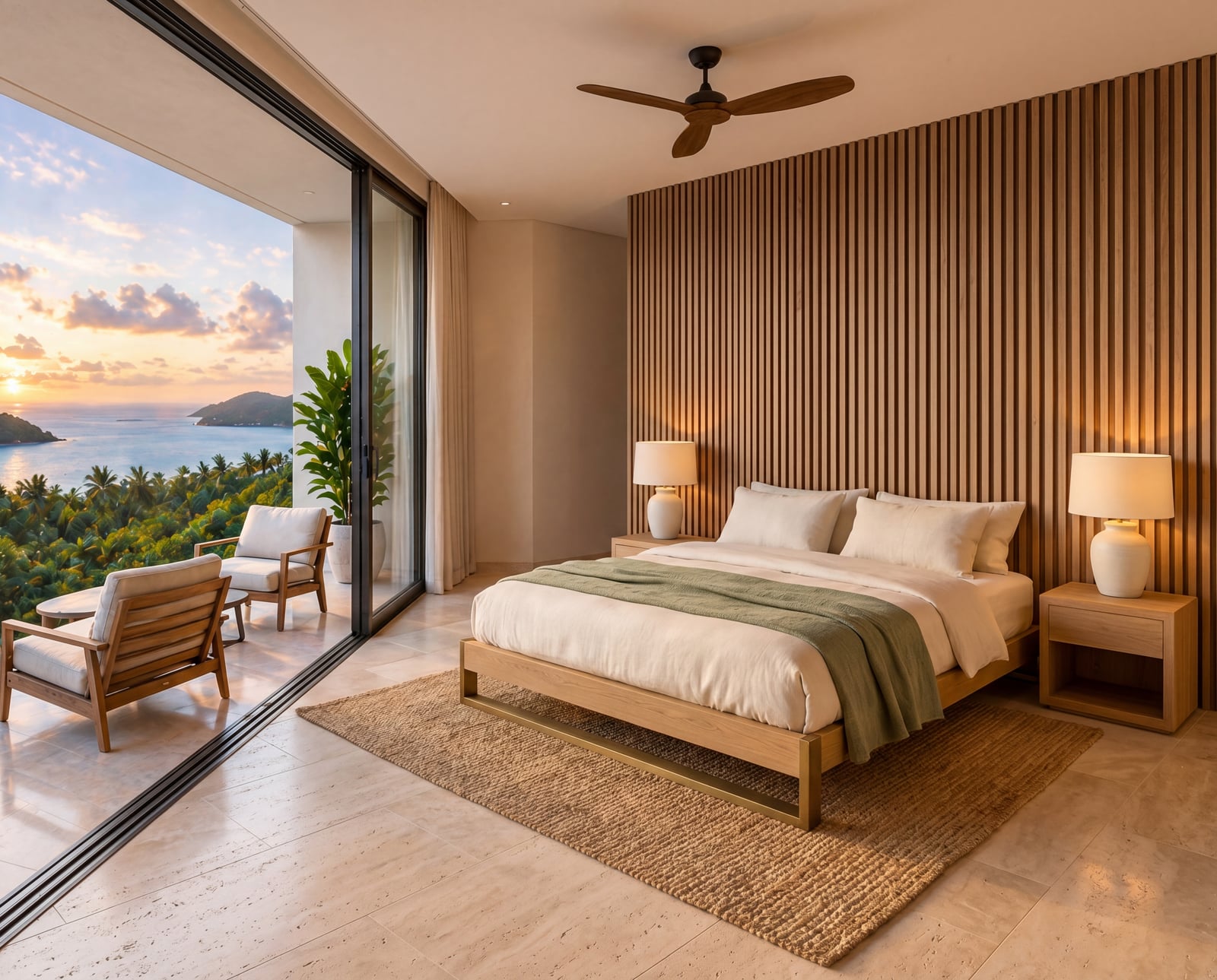 Master bedroom at golden hour — private terrace, sea view