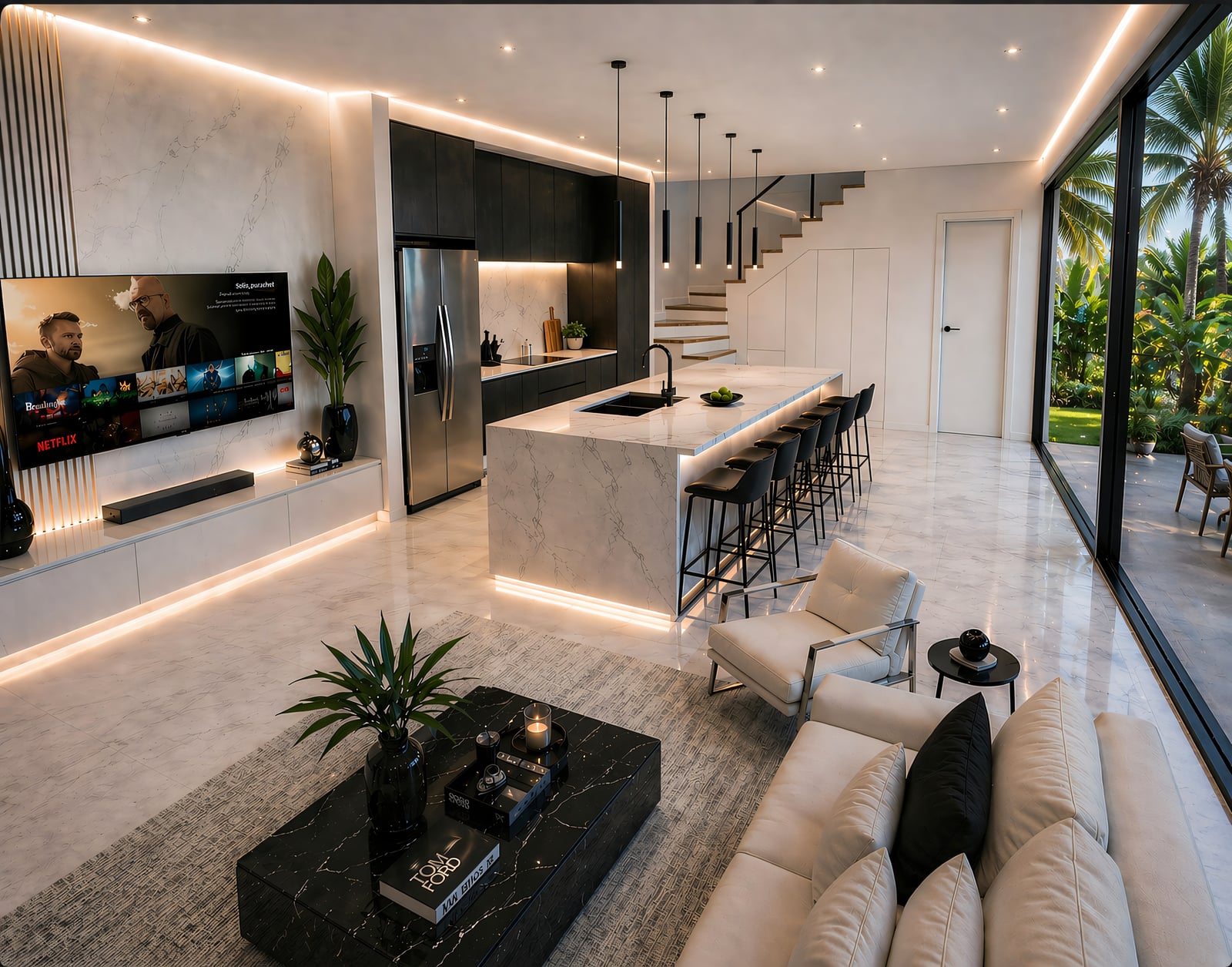 Open kitchen — marble island, integrated stairway, view to the pool deck